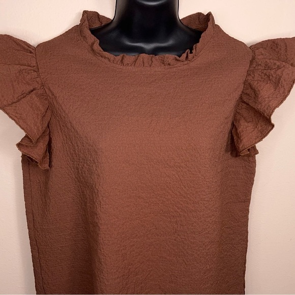 Size 8/10 Brown Textured Ruffle Blouse Neutral Stretch Lightweight Mock Neck - Picture 3 of 12